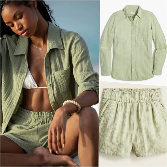 TRENDY JCrew Matching Soft Gauze Pull-on Short Button-up Shirt Set Sage Green XS